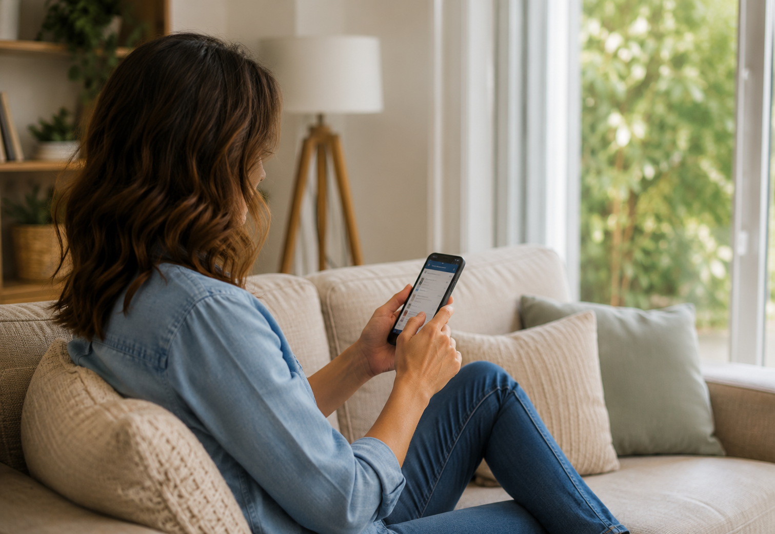 Persona usando el celular en su casa sin mostrar su rostro