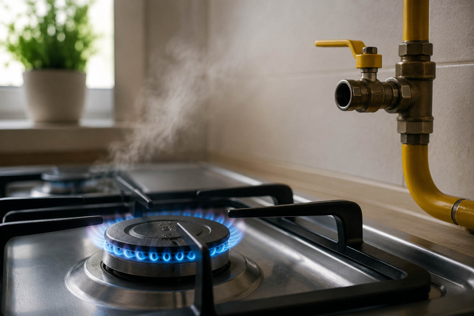 Hornalla encendida junto a una cañería de gas