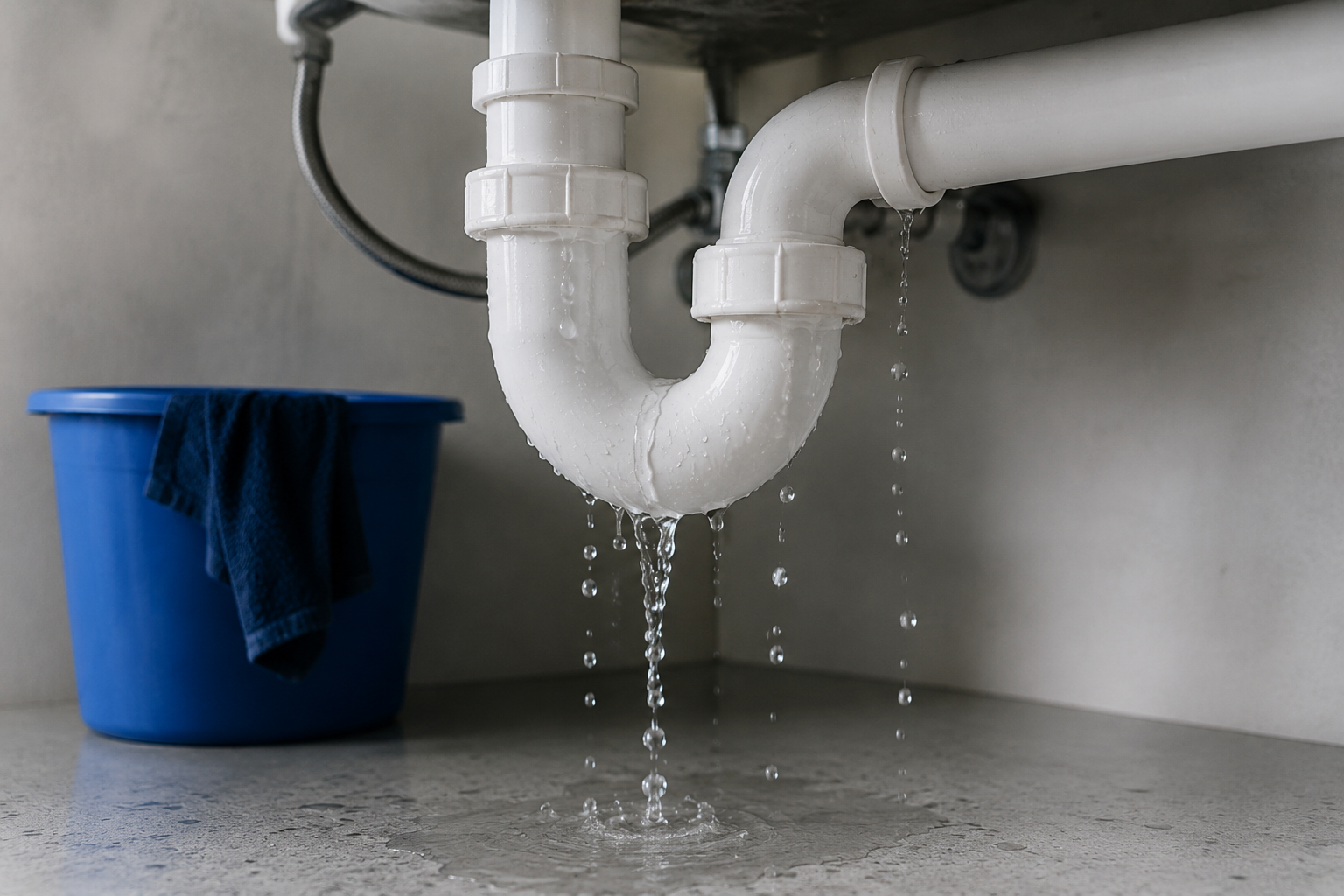 Caño bajo una bacha con pérdida de agua